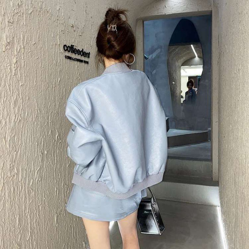 Fashion Fried Street Leather Jacket Baseball Uniform Short Coat Skirt Suit
