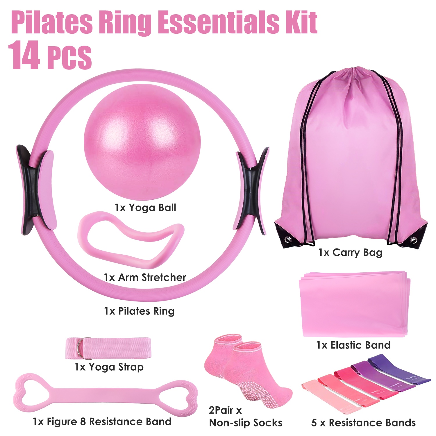 14Pcs Per Set Pilates Ring Kit For Women With Yoga Ball Arm Stretcher 5 Resistant Bands 8 Resistant Band Elastic Band Non-slip Socks Yoga Strap
