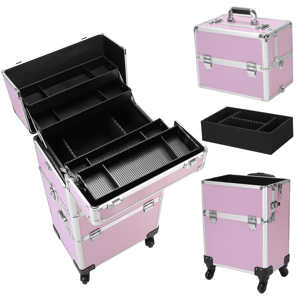 3 In 1 Aluminum Cosmetic Makeup Case Makeup Travel Organizer Cosmetology Case, Aluminum Cosmetic Display Suitcase On Wheels, Beauty Storage Luggage Lockable W-4 Removable Wheels