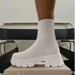 Women Sock Boots Platform Chunky Heels Shoes - White - View 1