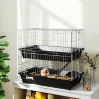 PawHut 2-Tier Small Animal Cage With 2 Doors, Trays, Dish, Bottle, And Ramp For Bunny, Ferret, Chinchilla, Black