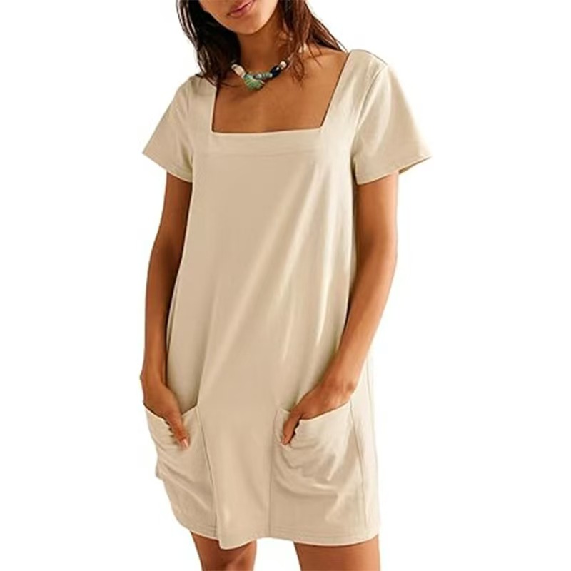 Women's Square Neckline Short-sleeved Fashion Short Skirt Pocket Casual Dress