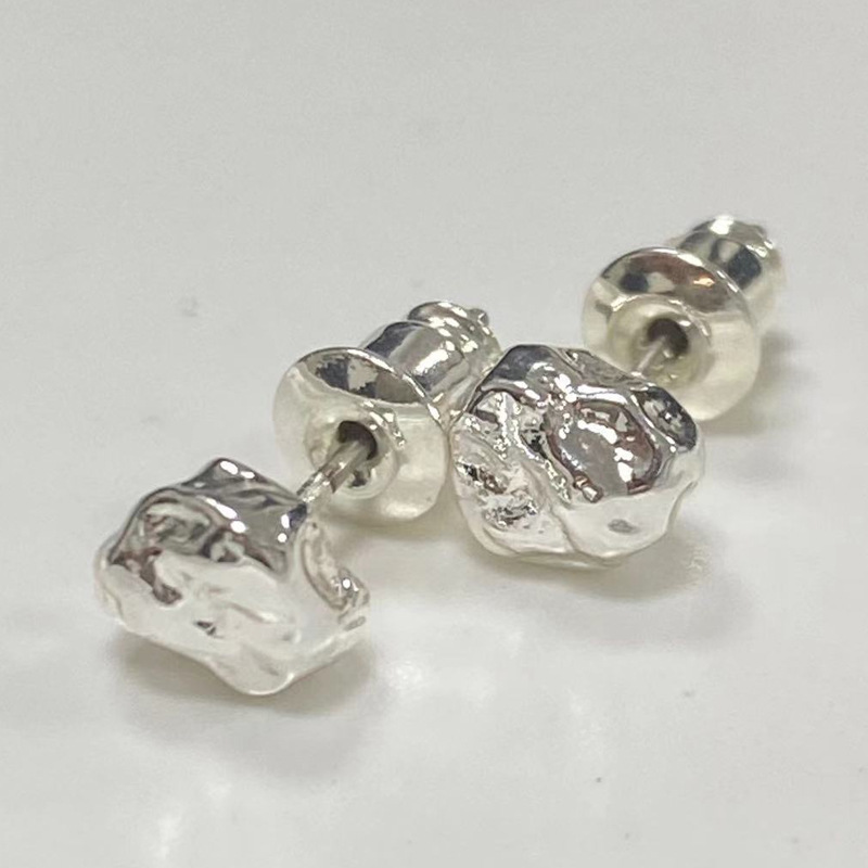 Irregular Texture Silver Volcanic Lava Ore Stud Earrings
