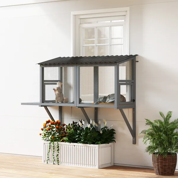 Wooden Cat Catio, Outdoor Cat Enclosure Window Perch With Jumping Platform Grey - Shop at LoveMi