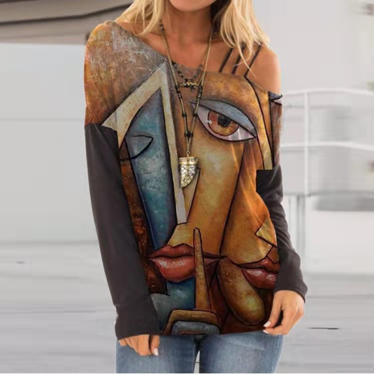 Title 4, Sexy Leaky Shoulder Printed Long Sleeve T-Shirt...