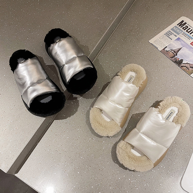 Thick Soled Warm Down Plush Slippers For Women's Outer Wear Toed Flip Flops