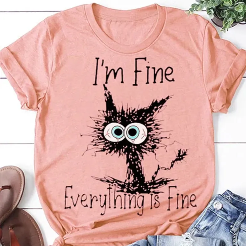 English Printed T-shirt Pullover Round Neck Casual Short Sleeve Women's Wear - Pink