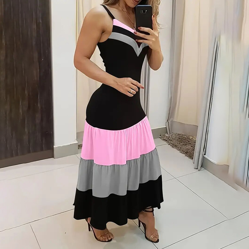 Women's Summer Casual Sleeveless V Neck Color Block Spaghetti Strap Maxi Long Dr - Picture 10 of 10