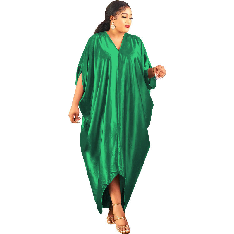 Women's African Plus Size Muslim Solid Color V-Neck Dress