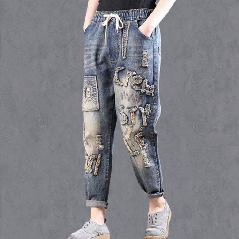 Women's Jeans Comfortable And Casual Elastic Waist Wide Legs Multiletter 33 - Shop at LoveMi