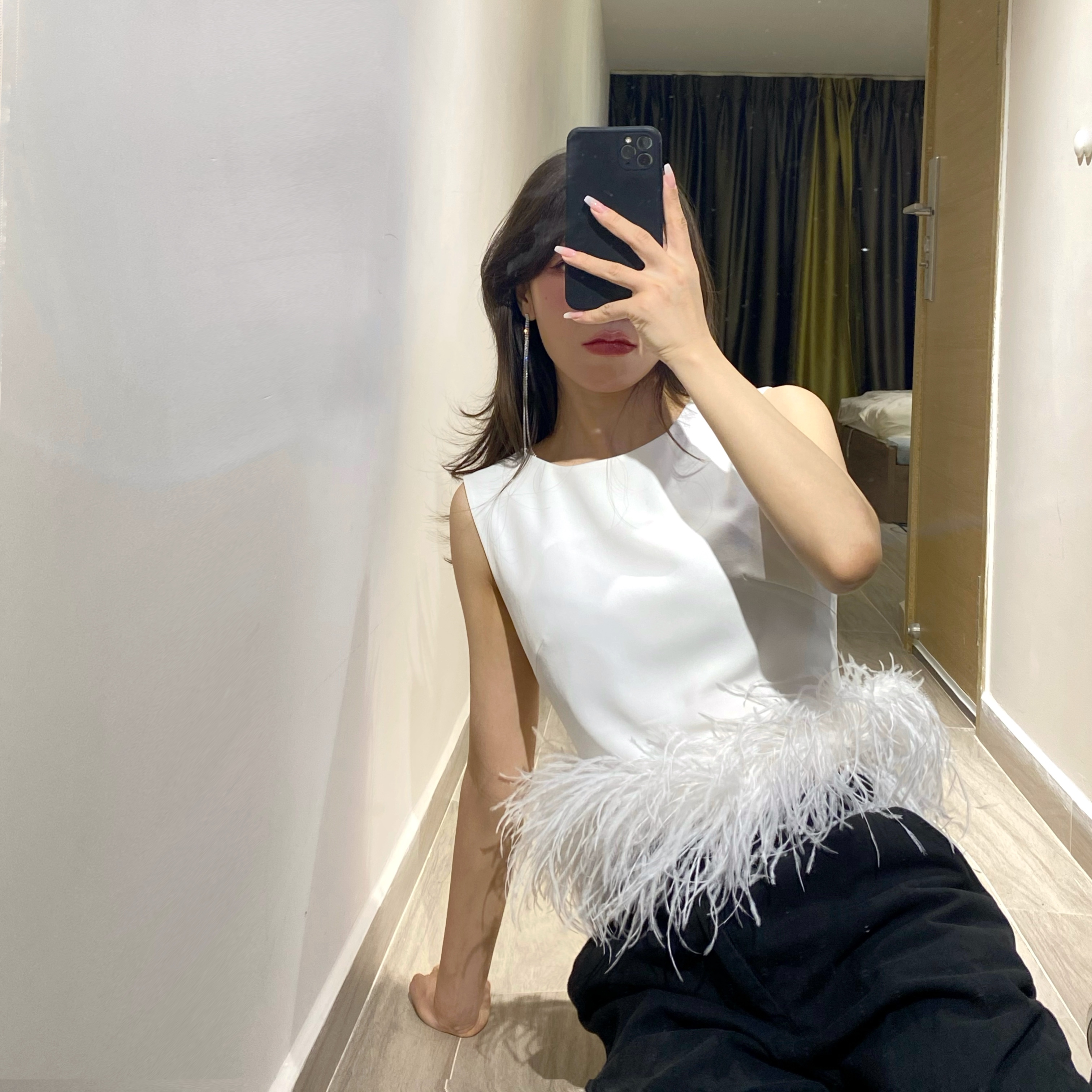 Ostrich Fur Slim High Waist Sleeveless Solid Color Short Tank Top