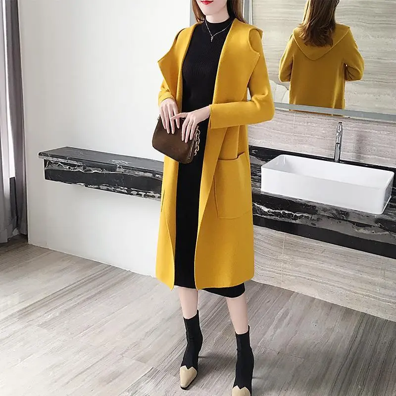 Women's Loose Sweater Cardigan Jacket With Hood - Yellow