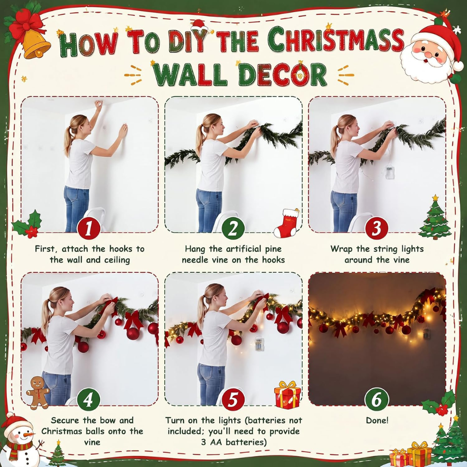 161 Pcs Christmas Hallway Ceiling Decor Kit, LED Lights Garland Includes Red Baubles, Bows, Army Green Garland, Warm White Leds With Hooks, Xmas