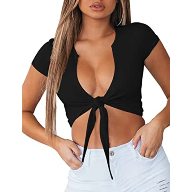 Spring And Summer Slim fit V neck Sexy Solid Color Top Black - Shop at LoveMi