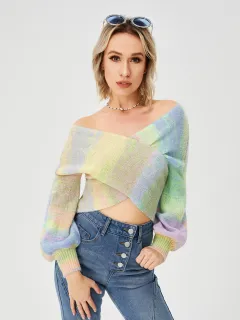 Women's Loose Casual Rainbow Stretch Off Shoulder Sweater - Picture Color-M - View 1