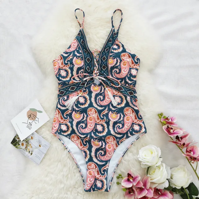 Deep V Tie One Piece Swimsuit Cashew Flower Print Triangle Blue - Shop at LoveMi