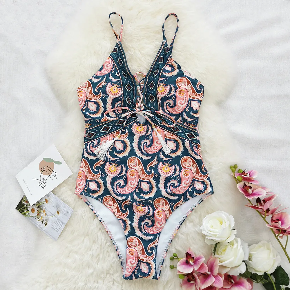 Deep V Tie One Piece Swimsuit Cashew Flower Print Triangle - Blue