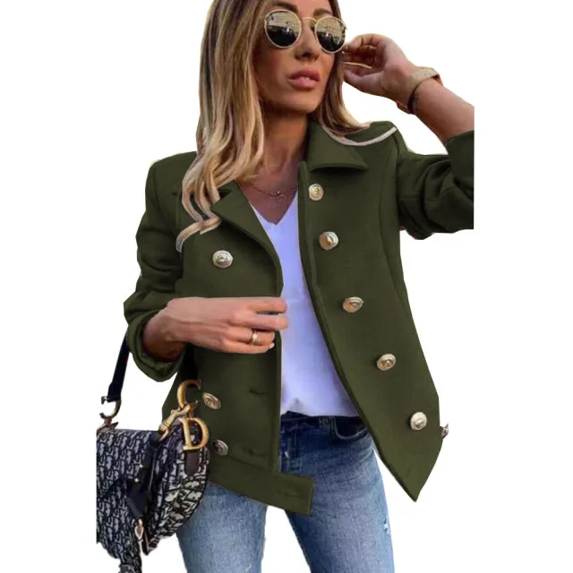 Autumn And Winter Slim Long sleeved Double breasted Suit Collar Woolen Coat Army Green - Shop at LoveMi