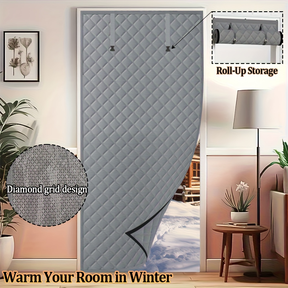 Thick Diamond Quilted Thermal Insulated Door Curtain, Windproof Cold Block Door Drape With Roll Up Buckle, Punch & Adhesive 2 Installation Ways Energy Saving Door Cover For Home Balcony Courtyard Gara