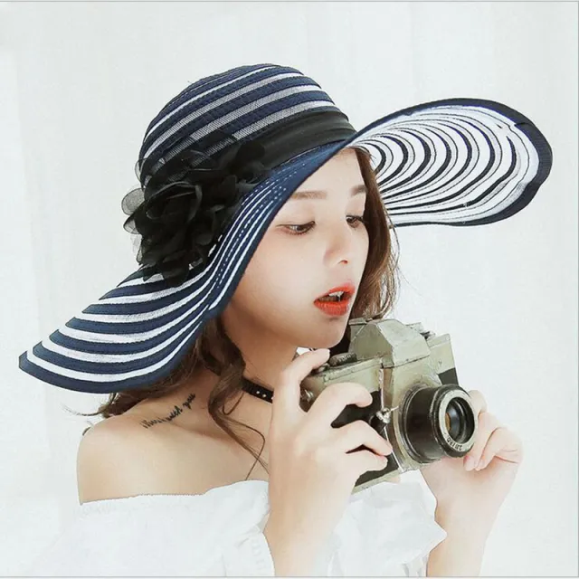 Korean Fashion Mesh Stitching Straw Hat Large Edge Sunscreen Sunshade Hat Navy Blue - Shop at LoveMi