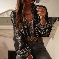 Women's Elegant Printed Blouse - Flowy Boho Shirt With Lantern Sleeves & Lace Trim, Vintage Ethnic Style Loose Top For Spring&Fall - Black - View 1