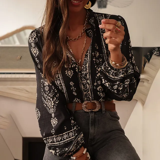 Women's Elegant Printed Blouse Flowy Boho Shirt With Lantern Sleeves & Lace Trim, Vintage Ethnic Style Loose Top For Spring&Fall Black - Shop at LoveMi