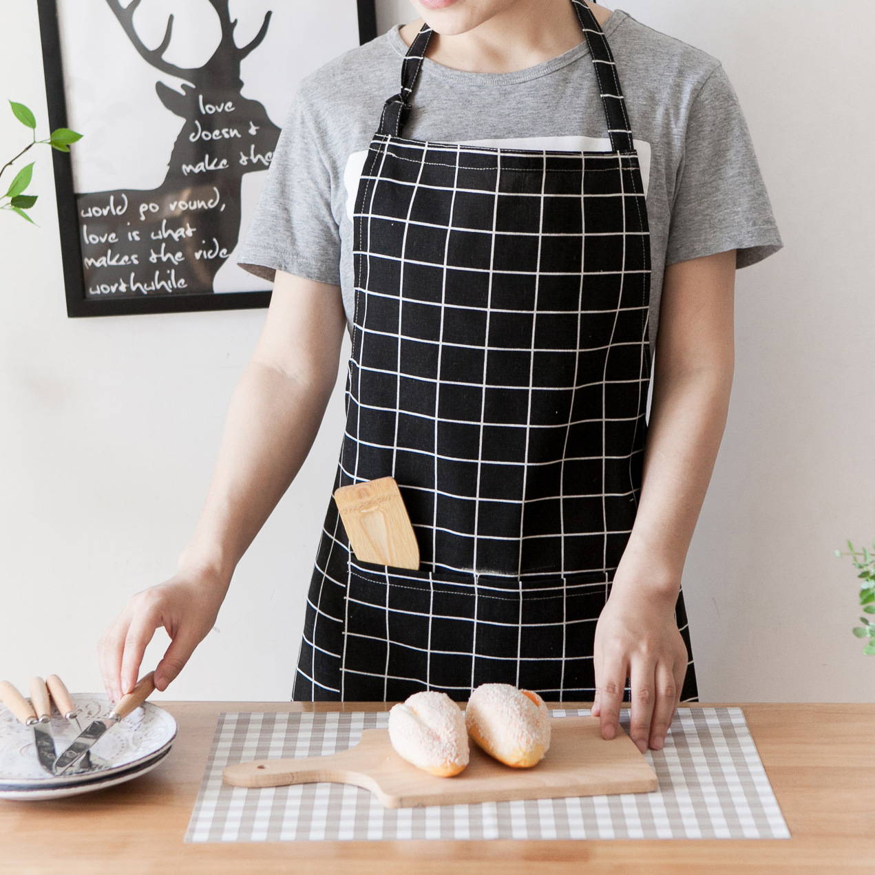 Title 4, Fawn plus cotton linen apron English printing a...