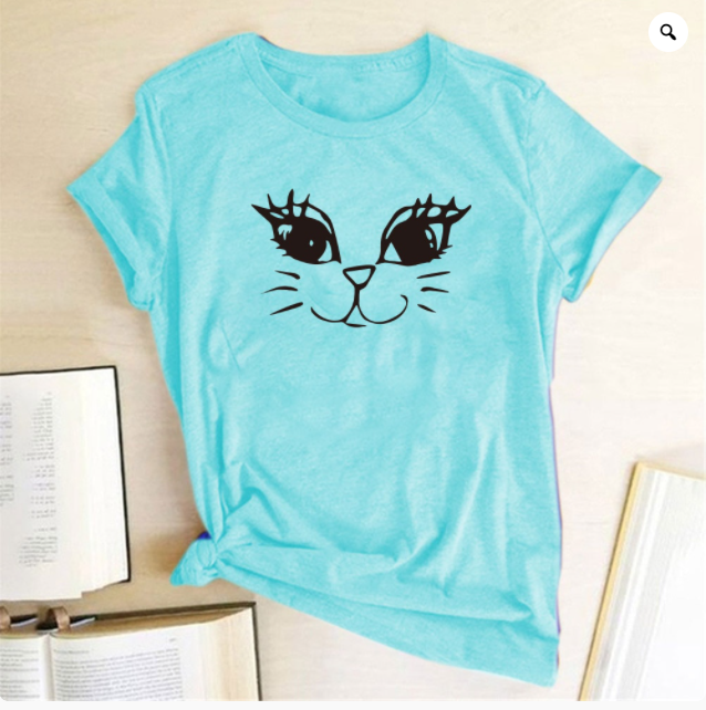 Title 10, Short-sleeved T-shirt Female Round Neck Cat Print