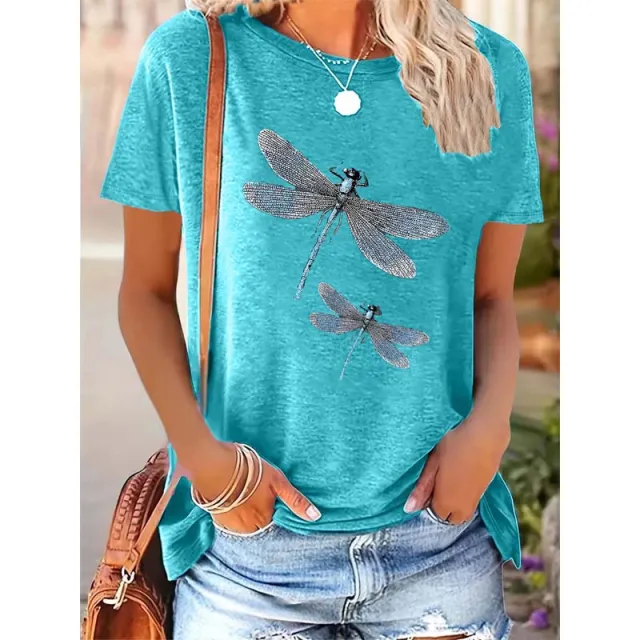 Women's Two Dragonflies Print Short Sleeve T Shirt Casual Crew Neck Spring Summer Top Blue - Shop at LoveMi