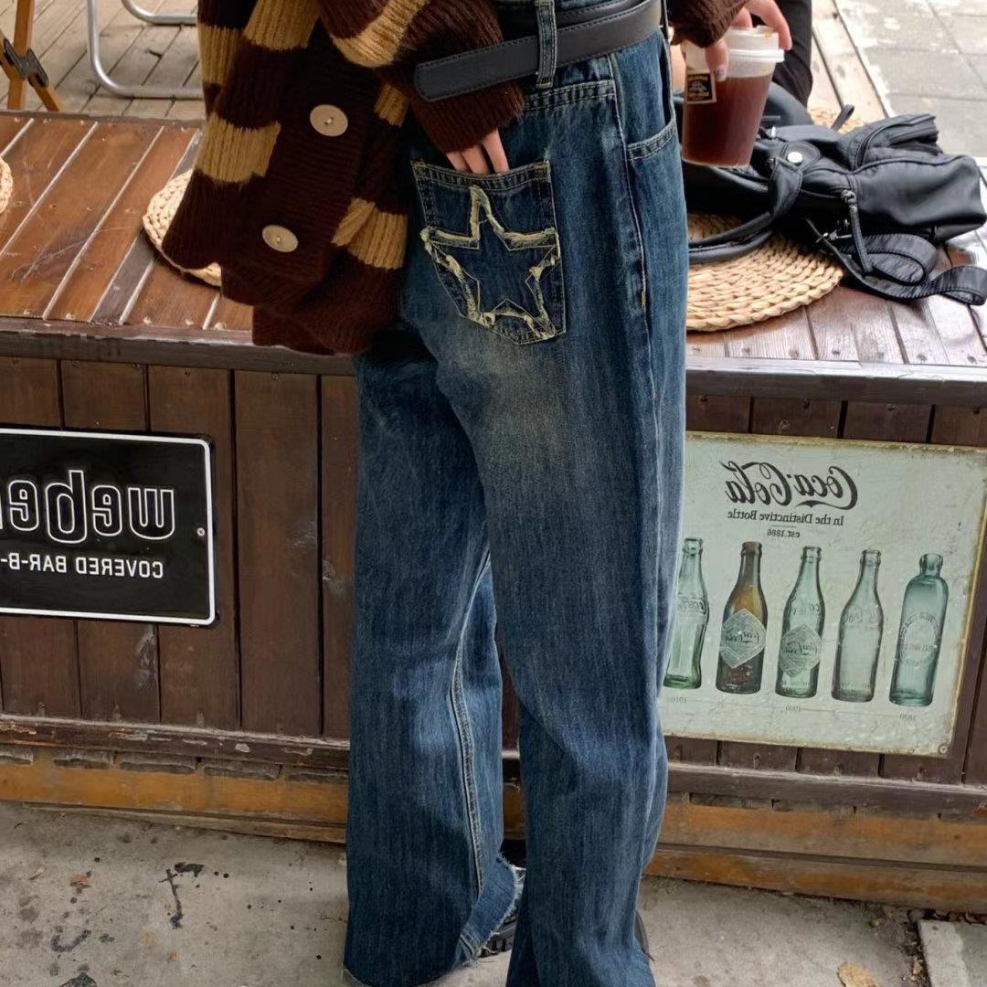 American Style Retro Rough Hem Micro Flare Jeans Blue - Shop at LoveMi