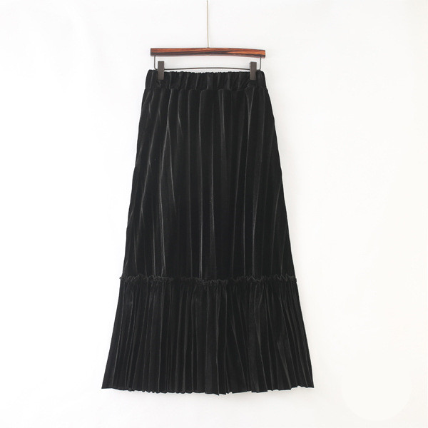 Elastic Gold Velvet Temperament A line Long Skirt Black - Shop at LoveMi