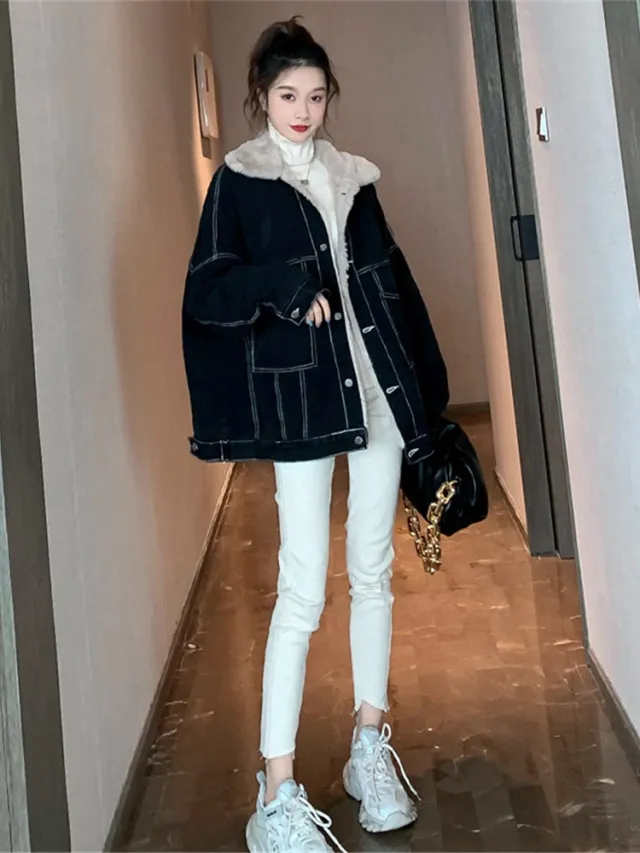 Lamb Wool Denim Jacket Female Autumn And Winter All match Black - Shop at LoveMi