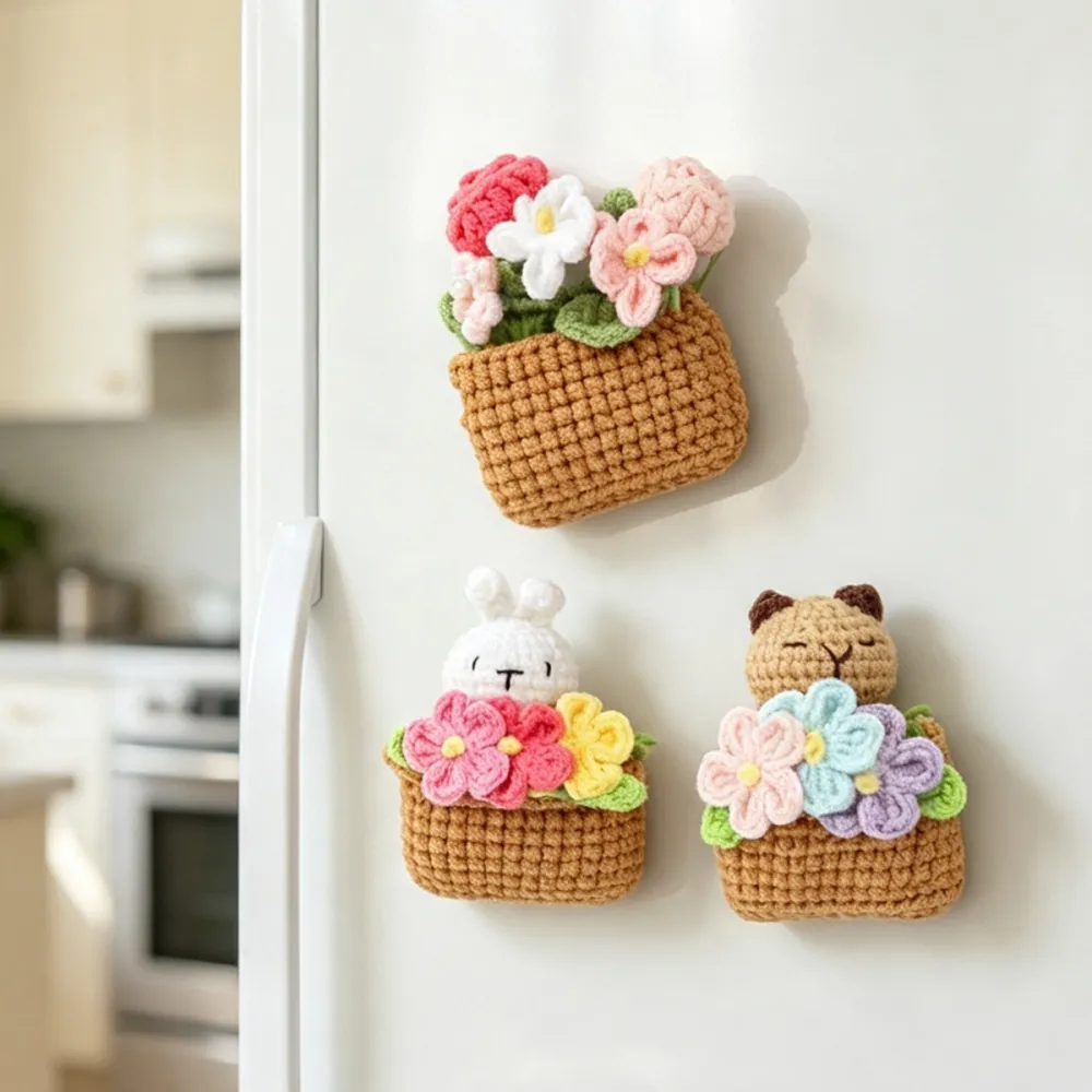 Handmade Crochet Square Flower Pot Cute Doll Blossom Three Piece Set With Bunny Little Animal Multicolored Flower Cluster Soft Yarn Everlasting Crochet Decor Indoor Home Magnetic Decoration Ornament