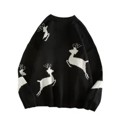 New Jacquard Christmas Knitted Sweater Loose And Lazy - Black - View 1