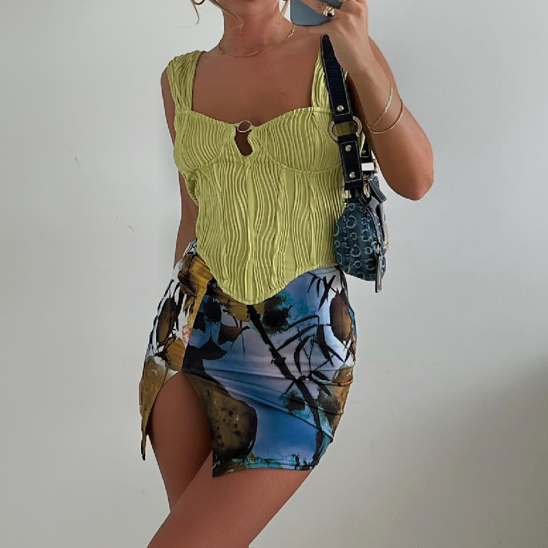 Summer Women's French Square Neck Pleated Camisole Fluorescent Yellow - Shop at LoveMi