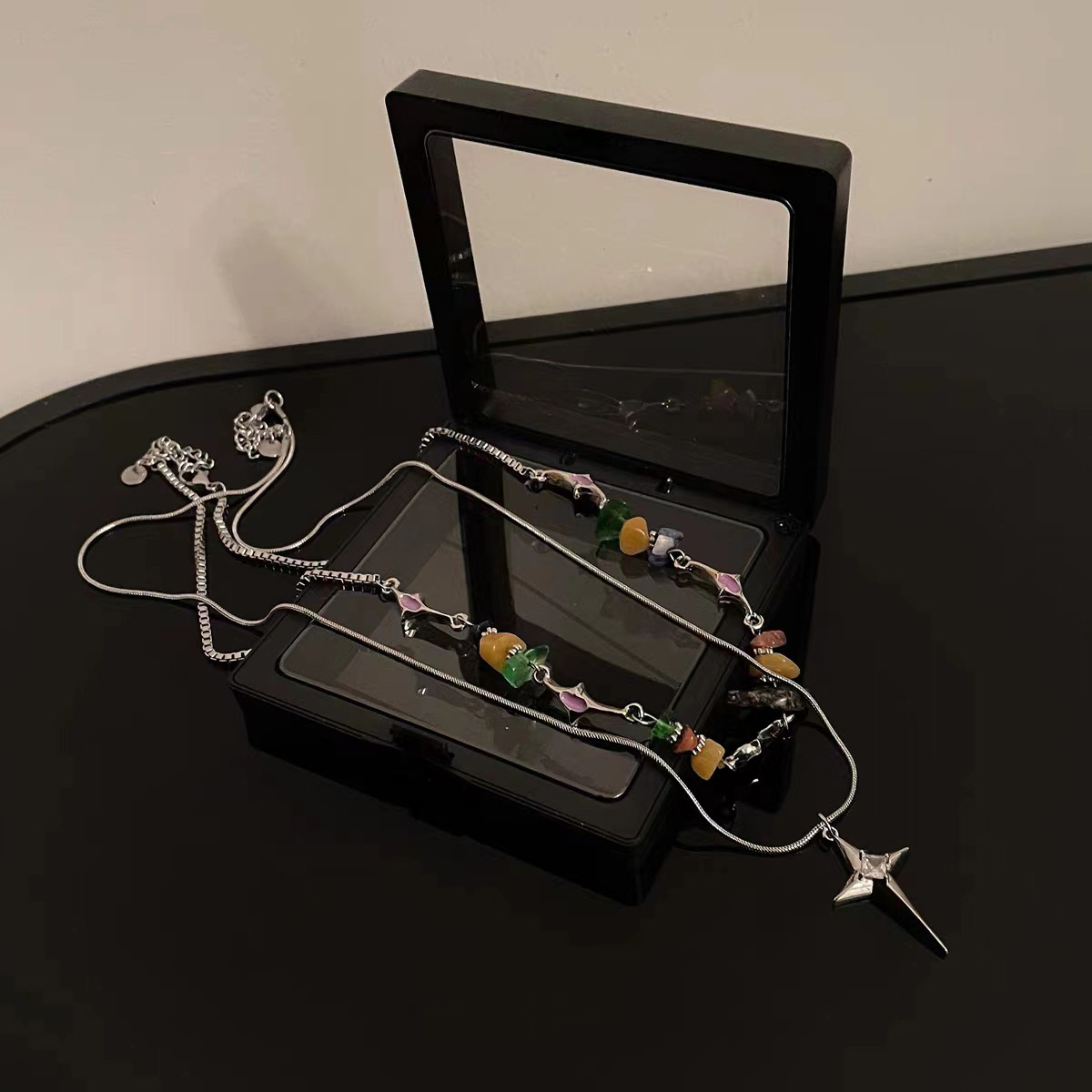 Double Layered Colored Crushed Stone Cross Chain For Boys