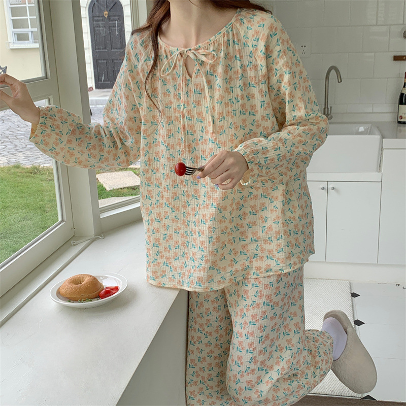 Women's Pajamas Cotton Yarn Print Pullover Tie
