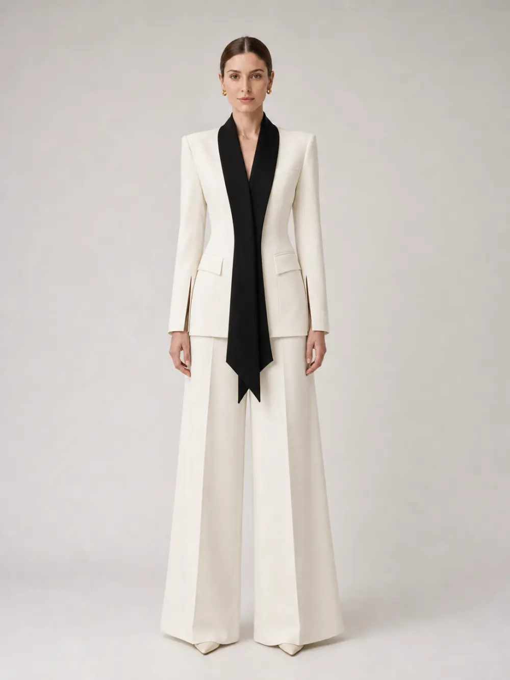Cream 2 Piece Suit Black Scarf Lapel Blazer