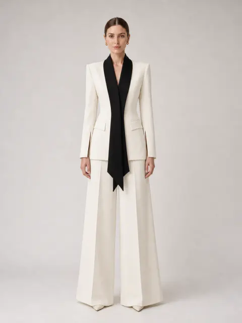 Cream 2 Piece Suit Black Scarf Lapel Blazer