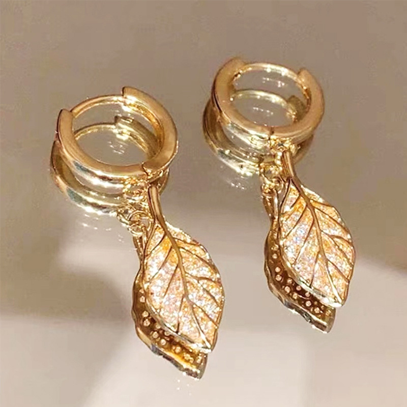 Gold Diamond Leaf-shaped Earring Women
