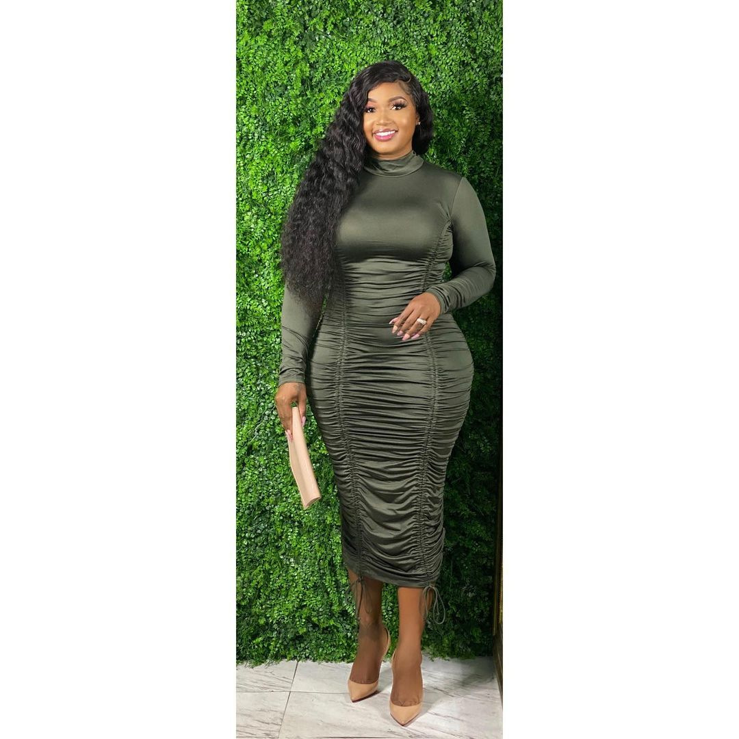 Plus Size Women's Drawstring High Neck Long Sleeve Dress