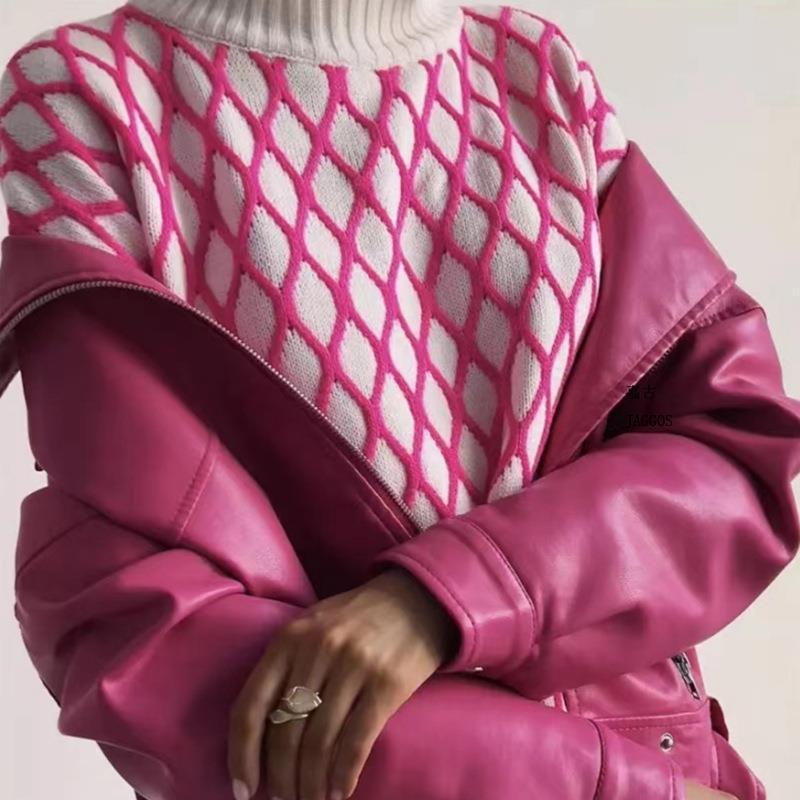 Lantern Sleeve Plaid Loose-fitting Sweater