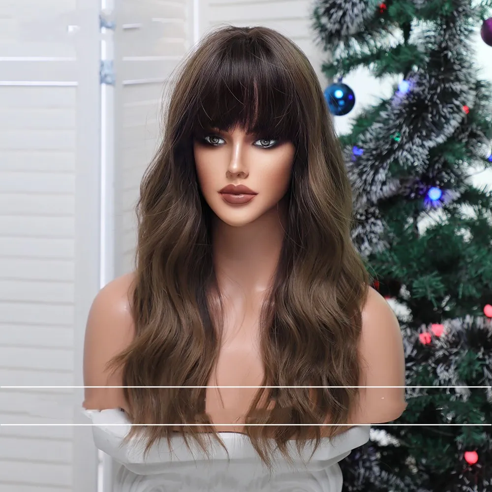 Qi Bangs Gradual Blonde Brown Long Curly Wig Female - Black Brown