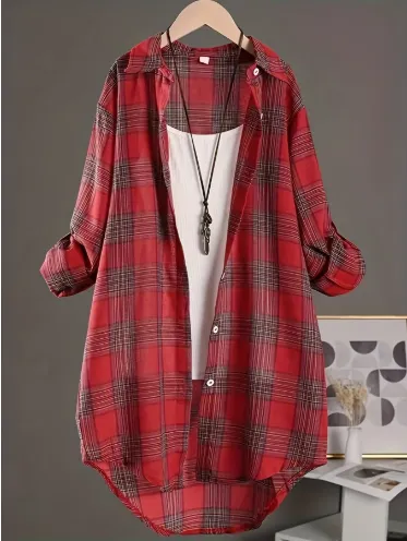 Plaid Shirt Women's Long Sleeve Casual Foreign Style Long Fashion Loose Shirt Jacket Red - Shop at LoveMi