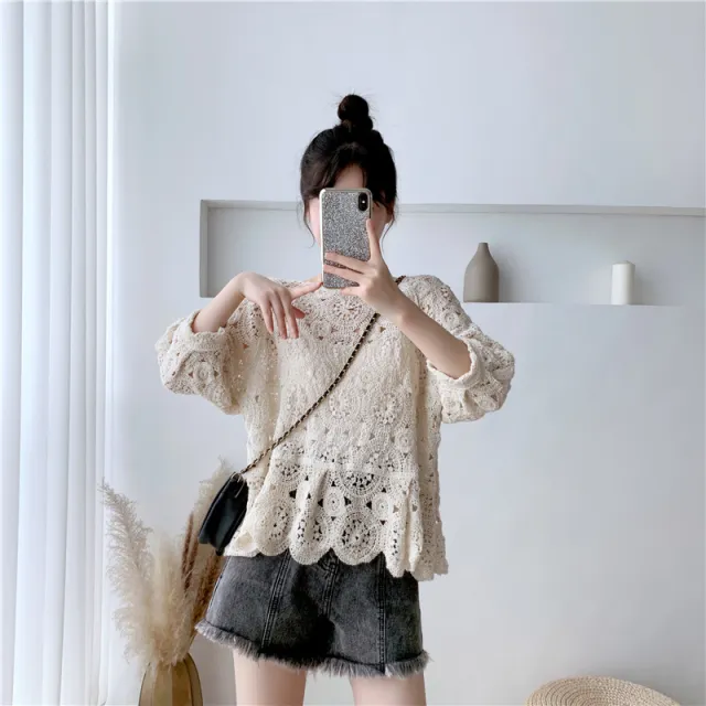 Simple Sexy Hollow Knit Sweater Han Fan Pullover Blouse Apricot - Shop at LoveMi