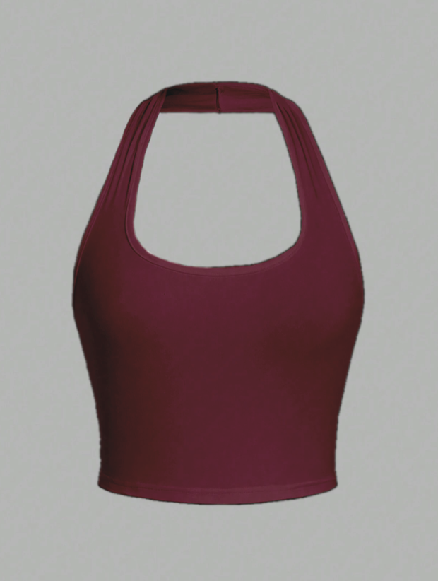 Solid Color Cropped Halter Neck Slim Fit Tank Top For Women
