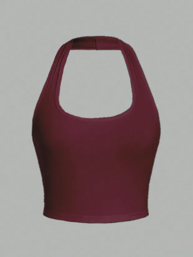 Solid Color Cropped Halter Neck Slim Fit Tank Top For Women Red - Shop at LoveMi