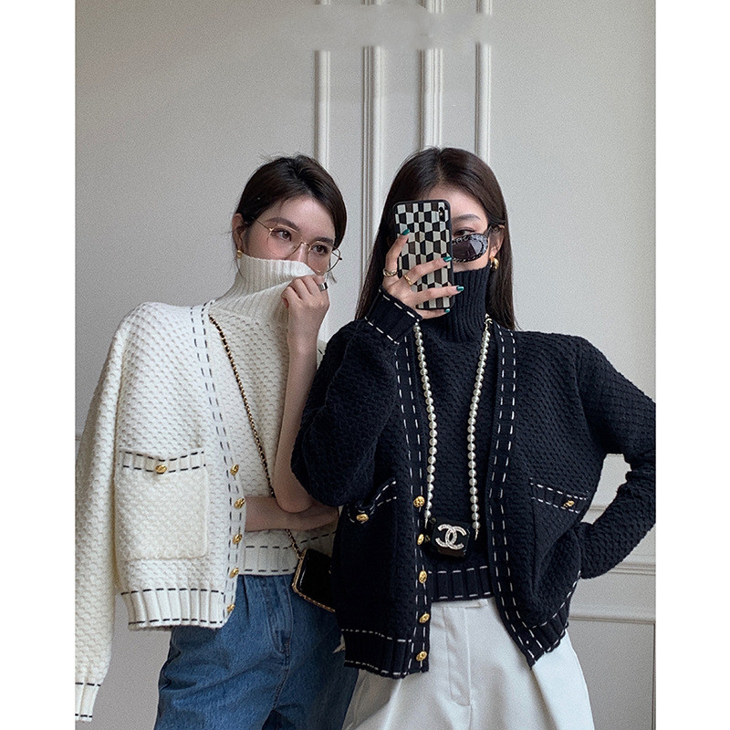 Winter Gold Button V-neck Hepburn Style Small Fragrance Sweater Cardigan