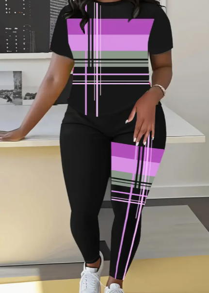 Women's  Printed Round Neck T-Shirt And Leggings Set