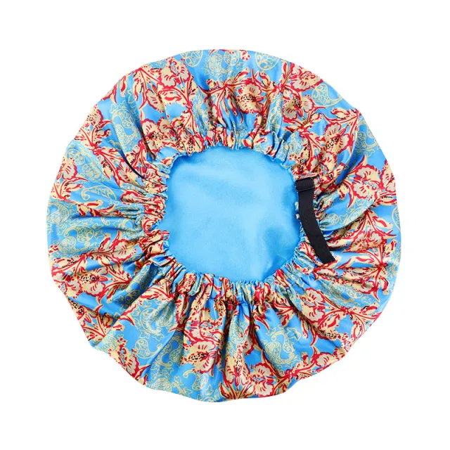 Printed Satin Double Layer Adjustable Home Round Hat Phalaenopsis Sky Blue - Shop at LoveMi